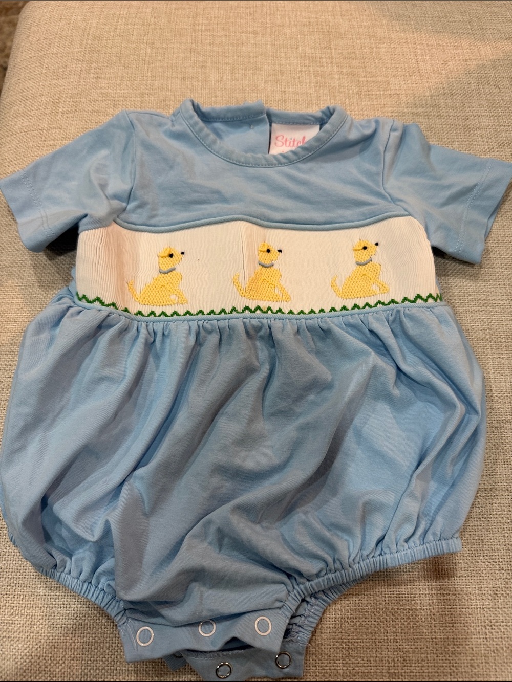 Stitchy Fish Smocked Blue Puppy One-Piece